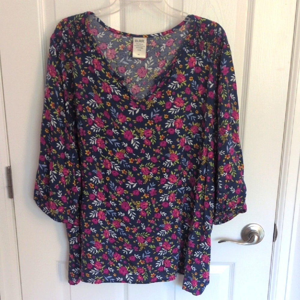 Blair Navy Floral V-Neck Blouse with Pink & Green Accents